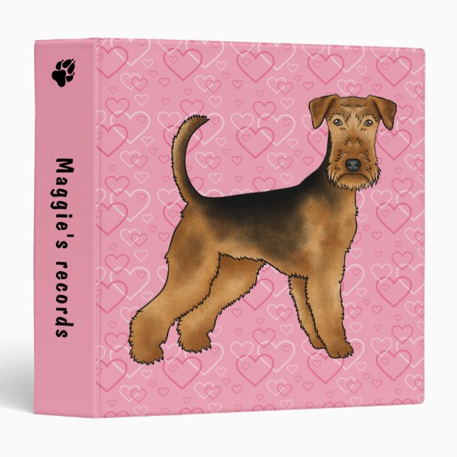 Airedale Terrier Dog With Pink Hearts And Text 3 Ring Binder (Front/Spine)