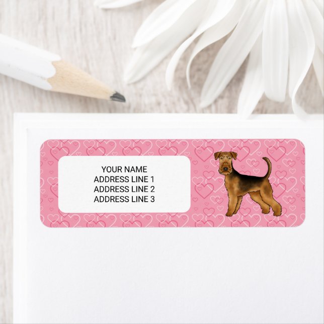 Airedale Terrier Dog With Pink Hearts And Text Label (Insitu)