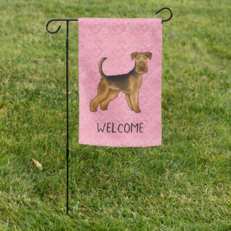 Airedale Terrier Dog With Pink Hearts Welcome Text Garden Flag