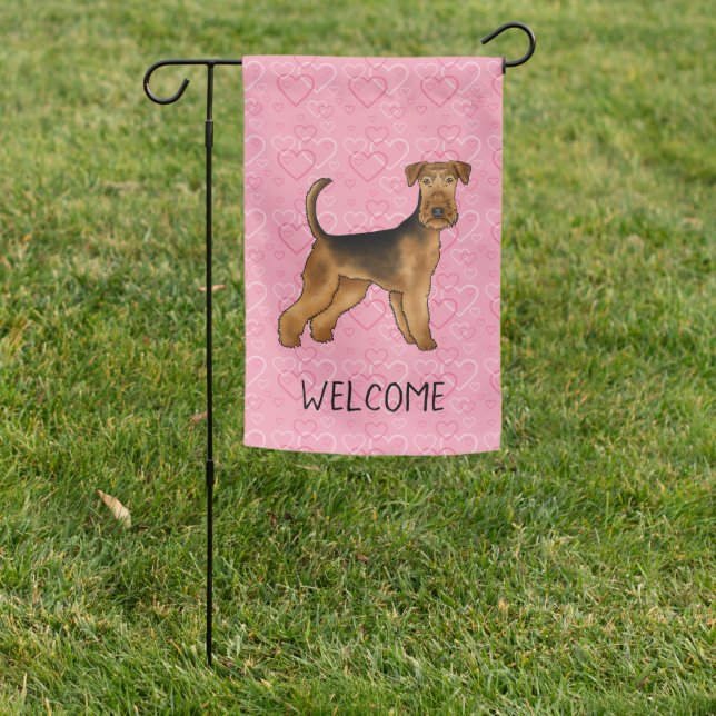 Airedale Terrier Dog With Pink Hearts Welcome Text Garden Flag (In SItu)