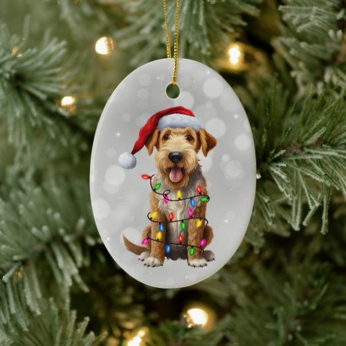 Airedale Terrier Dog Wrapped in Christmas Lights  Ceramic Ornament