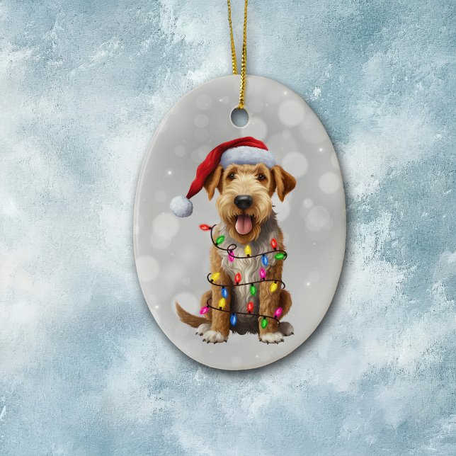 Airedale Terrier Dog Wrapped in Christmas Lights  Ceramic Ornament (Creator Uploaded)