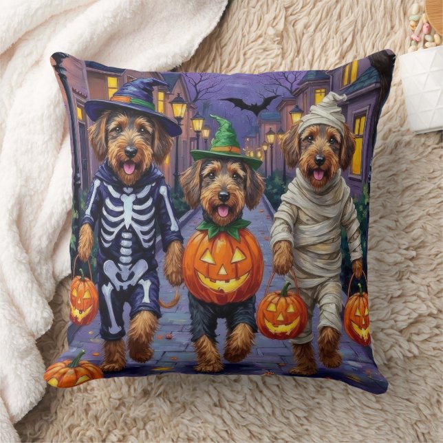 Airedale Terrier Dogs Trick-or-Treating Halloween  Throw Pillow (Blanket)