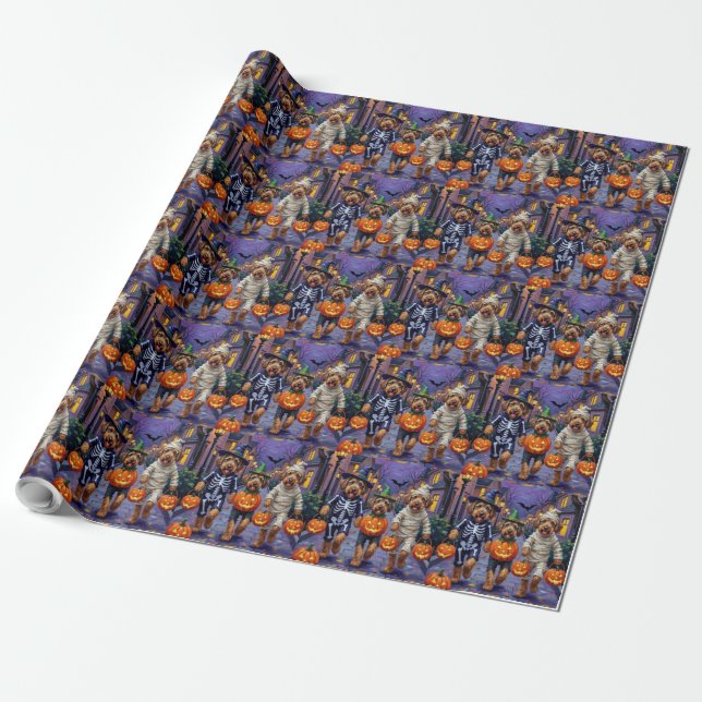 Airedale Terrier Dogs Trick-or-Treating Halloween  Wrapping Paper (Unrolled)