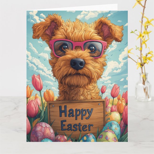 Airedale Terrier Easter Eggs Card (Yellow Flower)