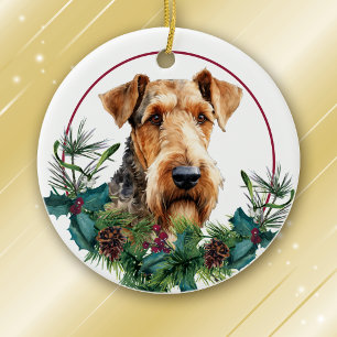 Airedale Terrier Evergreen Berry Wreath Ceramic Ornament