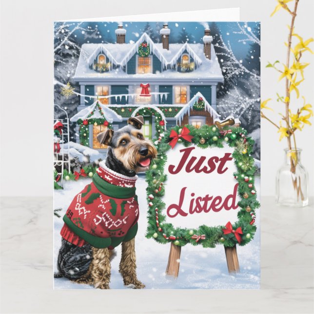 Airedale Terrier Festive Humor Realtor Christmas Card (Yellow Flower)