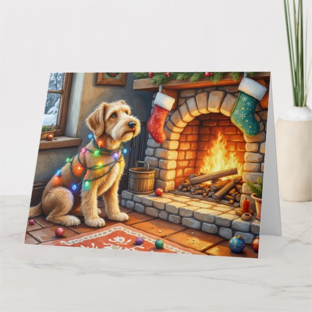 Airedale Terrier Fireplace Christmas Lights Card (Front)
