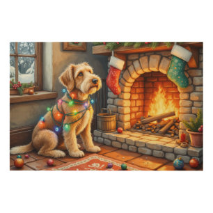 Airedale Terrier Fireplace Christmas Lights Wood Wall Art