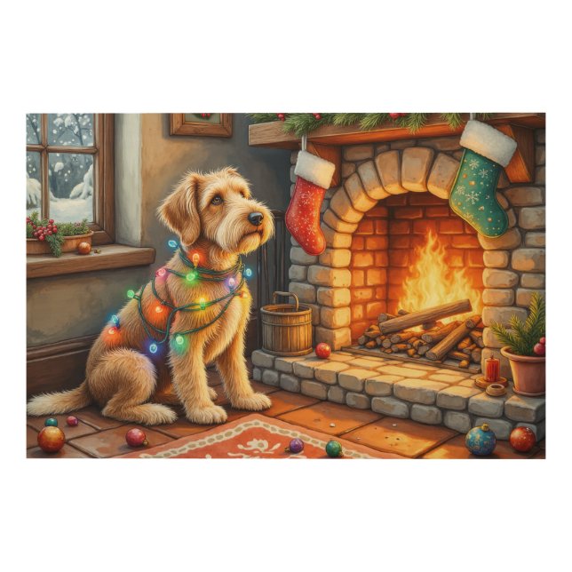 Airedale Terrier Fireplace Christmas Lights Wood Wall Art (Front)