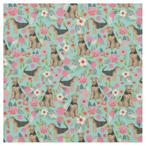 Airedale Terrier floral dog fabric - mint