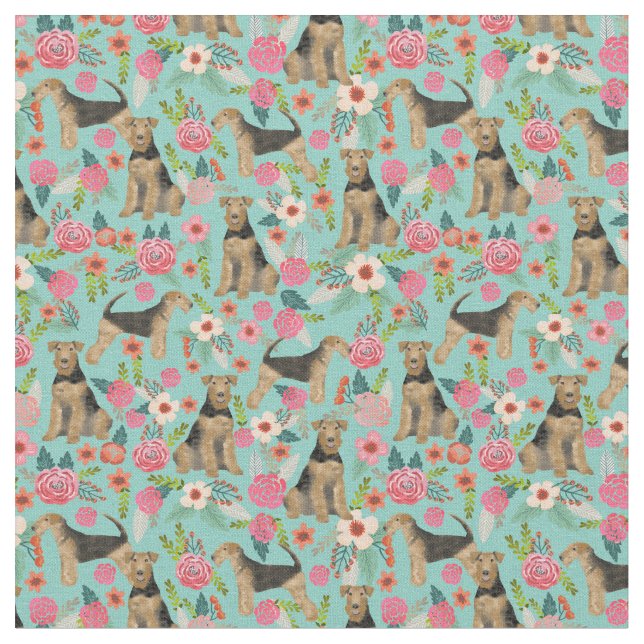 Airedale Terrier floral dog fabric - mint (Close Up)