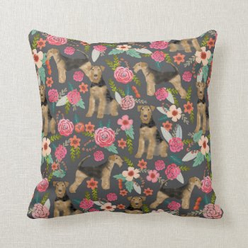 Airedale Terrier Floral Print Pillow - Charcoal by FriendlyPets at Zazzle