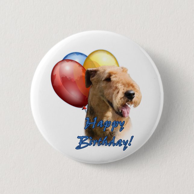 Airedale Terrier Happy Birthday Balloon Pinback Button (Front)