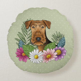 Airedale Terrier Head With Colorful Summer Flowers Round Pillow