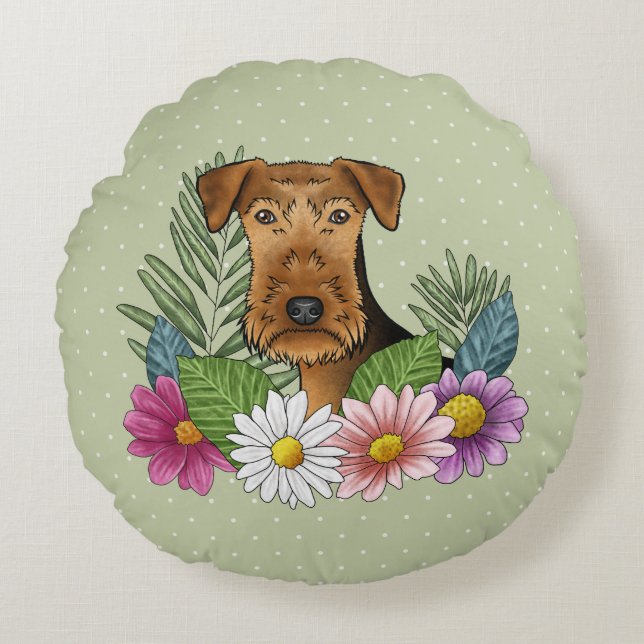 Airedale Terrier Head With Colorful Summer Flowers Round Pillow (Front)