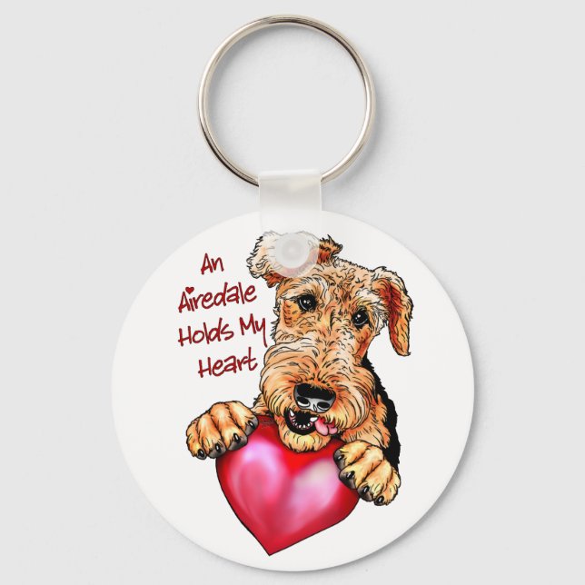 Airedale Terrier Holds My Heart Keychain (Front)