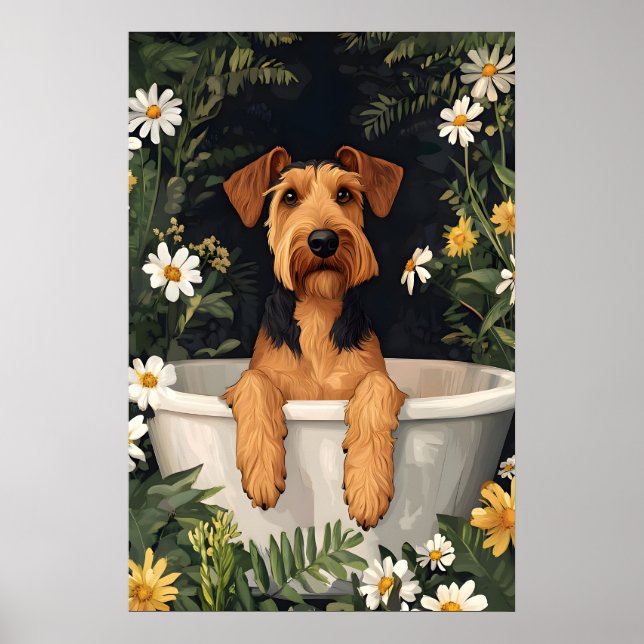 Airedale Terrier In Bathtub Poster, Funny Dog Poster (Front)