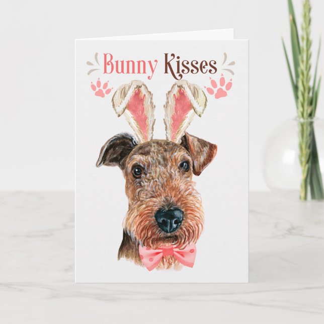 Airedale Terrier in Bunny Ears Easter Holiday Card (Front)