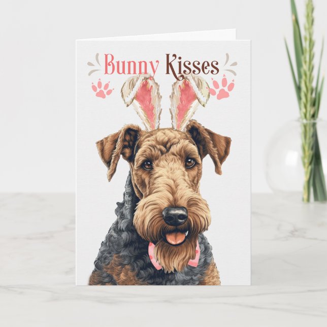 Airedale Terrier in Bunny Ears Easter Holiday Card (Front)