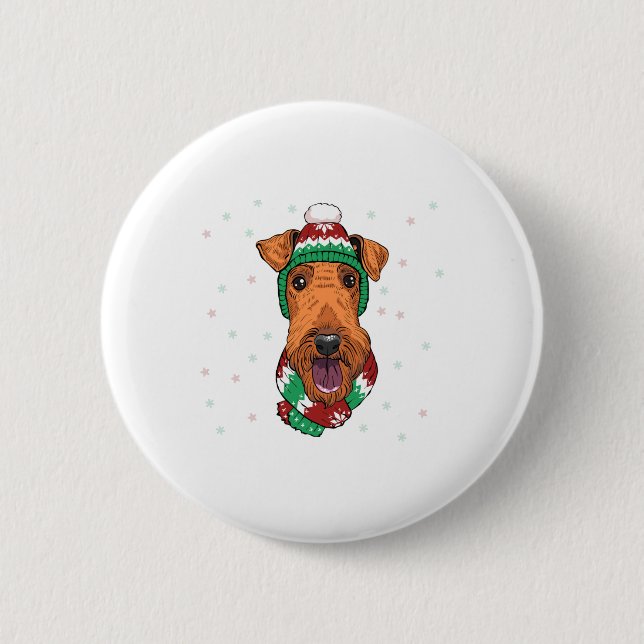 Airedale Terrier in christmas hat     Button (Front)