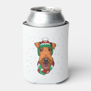 Airedale Terrier in christmas hat Can Cooler