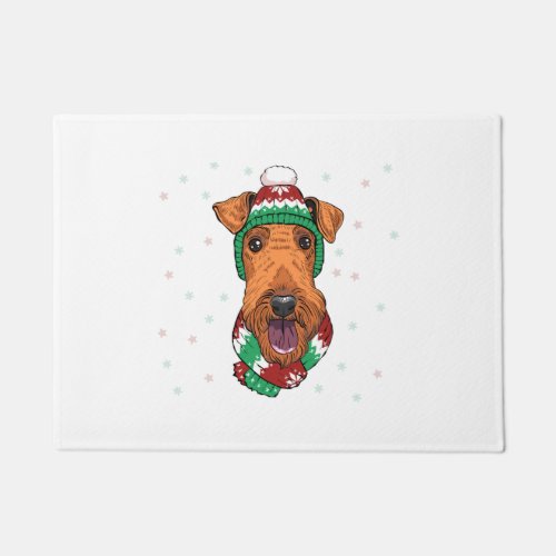 Airedale Terrier in christmas hat     Doormat