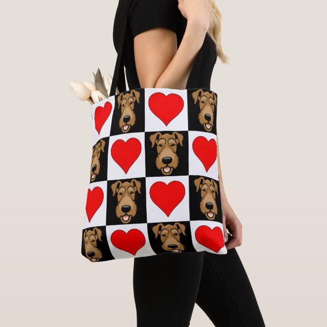 Airedale Terrier Lover Puppy Dog Mom Heart Pattern Tote Bag (Close Up)