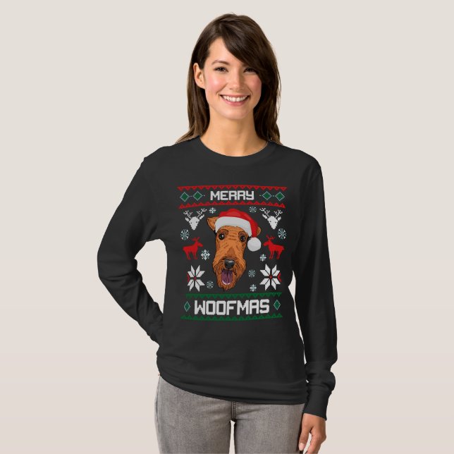 Airedale Terrier Merry Woofmas Christmas T-Shirt (Front Full)
