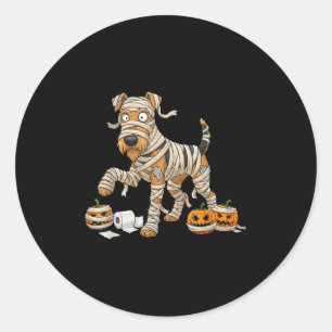 Airedale Terrier Mummy Pumpkin Halloween Kids Mens Classic Round Sticker