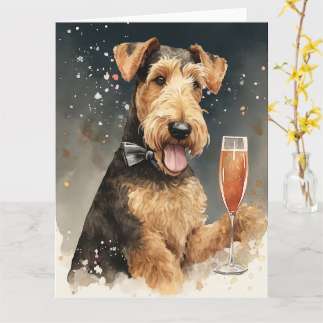 Airedale Terrier New Year Card (Yellow Flower)