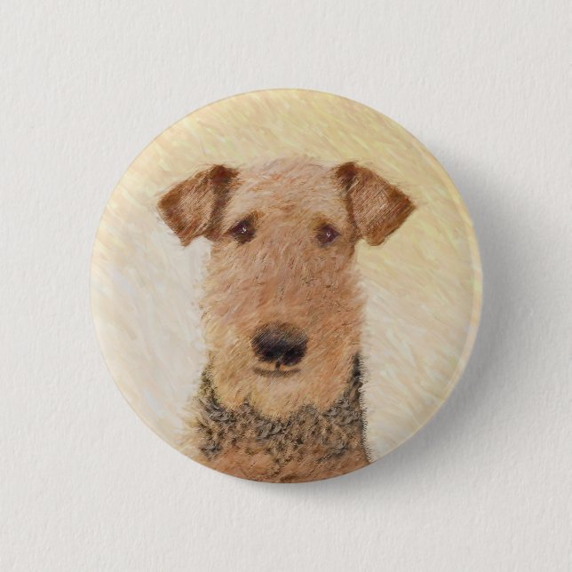 Airedale Terrier Painting - Cute Original Art Button (Front)
