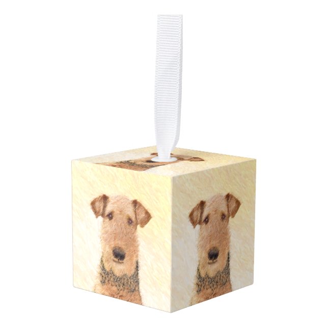 Airedale Terrier Painting - Cute Original Art Cube Ornament (Front Angled)