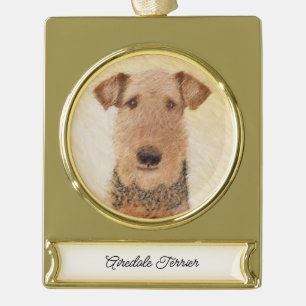 Airedale Terrier Painting - Cute Original Art Gold Plated Banner Ornament