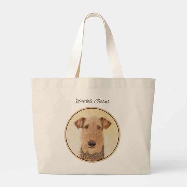 Airedale Terrier Painting Cute Original Dog Art Large Tote Bag (Back)