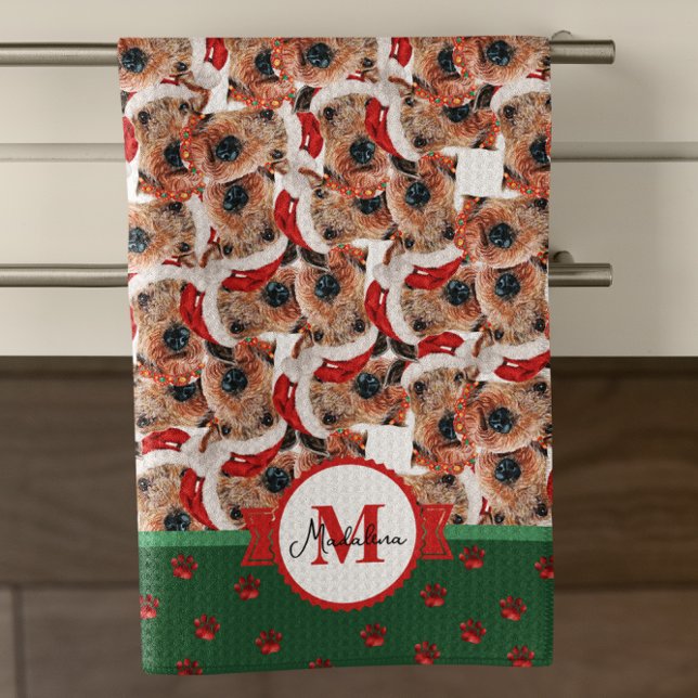 Airedale Terrier Pattern Monogram Christmas Dog Kitchen Towel (Creator Uploaded)