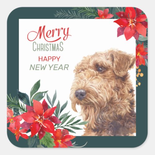 Airedale Terrier Poinsettia Border Christmas Square Sticker
