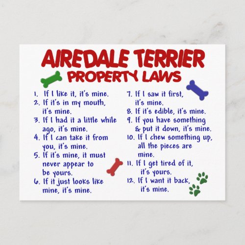 AIREDALE TERRIER Property Laws 2 Postcard