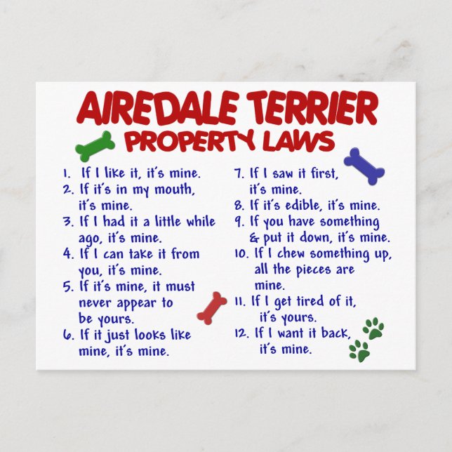 AIREDALE TERRIER Property Laws 2 Postcard (Front)