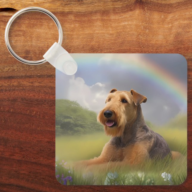 Airedale Terrier Rainbow Bridge Memorial Custom Keychain (Front)