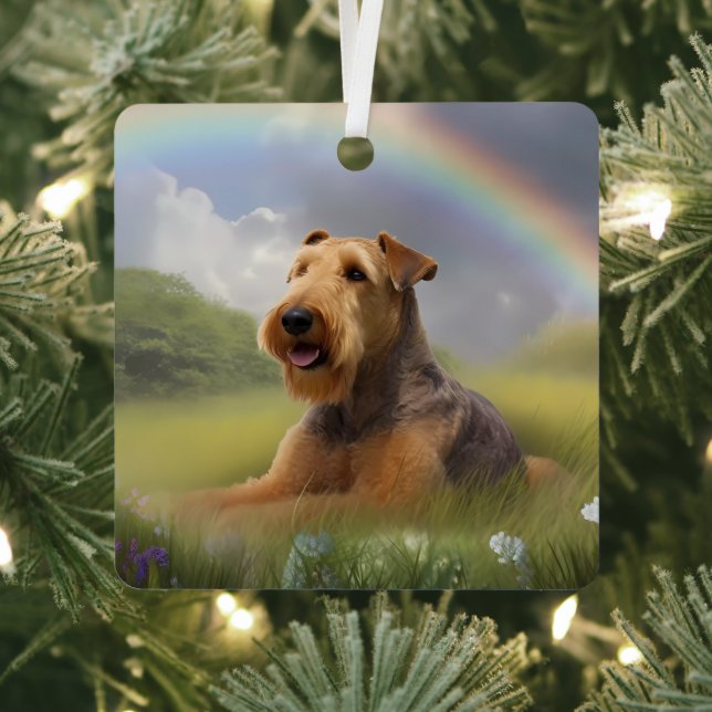 Airedale Terrier Rainbow Bridge Memorial Custom Metal Ornament (Insitu)