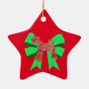 Airedale Terrier Red Dog & Green Bow Christmas Ceramic Ornament
