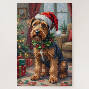 Airedale Terrier Santa Hat Christmas Fun Art Jigsaw Puzzle