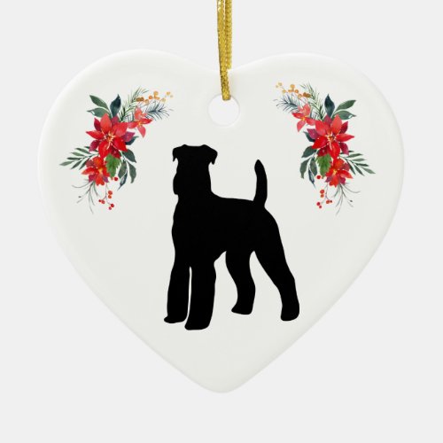 Airedale Terrier Silhouette with Name Poinsettia Ceramic Ornament