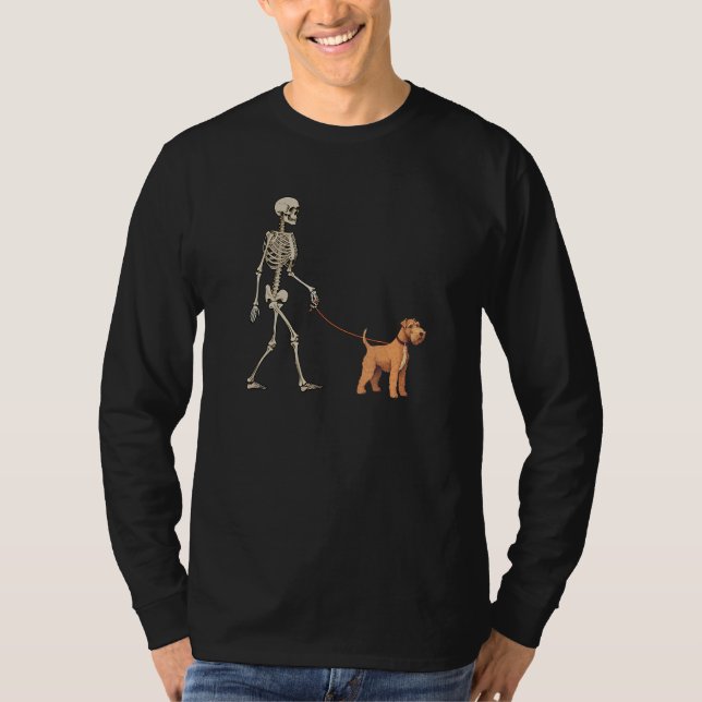 Airedale Terrier Skeleton Dog Walking Halloween Do T-Shirt (Front)