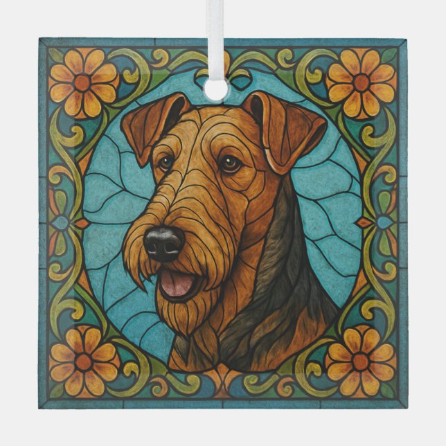 Airedale Terrier "Stained Glass"  Glass Ornament (Front)