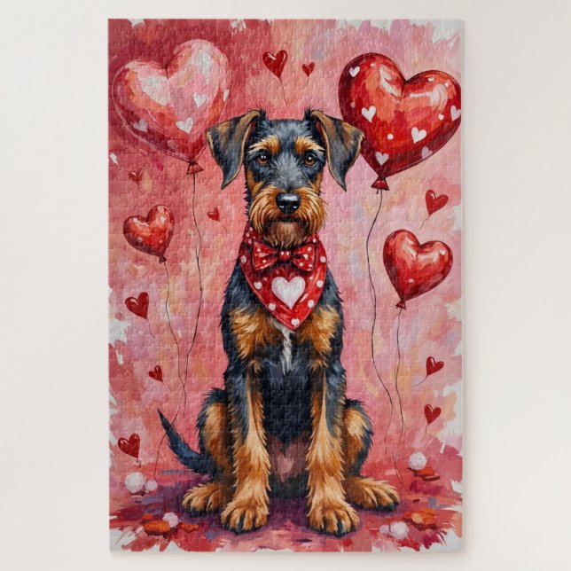Airedale Terrier Valentine Dog Art with Hearts Jigsaw Puzzle (Vertical)