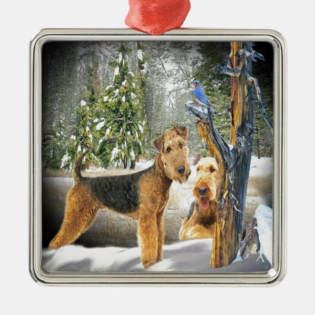 Airedale Terrier Winter Day gifts Metal Ornament (Front)