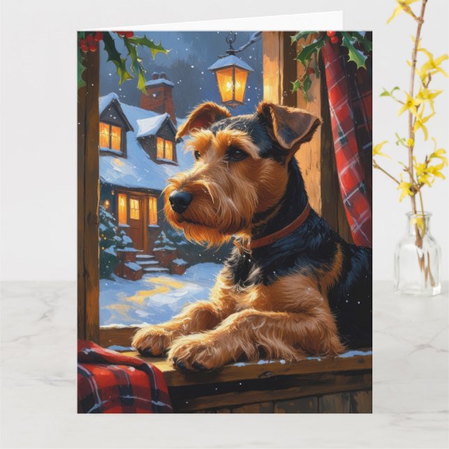 Airedale Terrier With Christmas Lights Holiday  Card (Yellow Flower)
