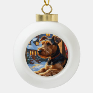 Airedale Terrier With Christmas Lights Holiday Ceramic Ball Christmas Ornament